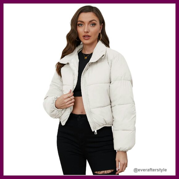 Cropped Puffer Jacket Quilted Lightweight Winter Outerwear with Pockets
